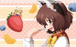 Rule 34 | 2girls, :d, animal ears, bad id, bad pixiv id, blonde hair, blueberry, blush, brown eyes, brown hair, cat ears, cat girl, cat tail, chen, chibi, earrings, eating, female focus, food, fork, fox ears, fox tail, fruit, highres, holding, jewelry, mesou-san, multiple girls, multiple tails, no headwear, no headwear, open mouth, profile, single earring, smile, strawberry, tail, touhou, upper body, yakumo ran, yellow eyes