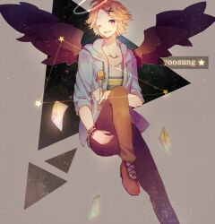 Rule 34 | 1boy, ahoge, armband, black wings, blonde hair, blue jacket, brooch, brown footwear, brown pants, character name, collarbone, commentary, constellation, cross-laced footwear, denim, english commentary, envelope, feathered wings, grey background, hair ornament, hairclip, halo, heart, holding, holding envelope, hood, hood down, hooded jacket, hoshi-pan, jacket, jeans, jewelry, kim yoosung, leg up, long sleeves, looking at viewer, one eye closed, open clothes, open jacket, open mouth, pants, parted bangs, pink eyes, shirt, shoes, short hair, sitting, smile, smiley face, space, star (sky), star (symbol), susanghan messenger, t-shirt, teeth, triangular headpiece, upper teeth only, watch, white shirt, wings, wristwatch