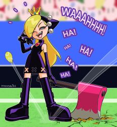 Rule 34 | 1girl, ;d, absurdres, aqua eyes, axe, ball, black dress, black gloves, boots, crowd, dress, elbow gloves, fangs, full body, gloves, highres, holding, holding axe, laughing, mario (series), mario tennis, mmmalice, nintendo, one eye closed, open mouth, ricocheting, sleeveless, sleeveless dress, smile, standing, tennis ball, thigh boots, warupeach