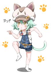 Rule 34 | 1girl, animal ears, animal hat, blouse, cacao (nekopara), cat ears, cat hat, cat tail, commentary request, eggman (pixiv28975023), genba neko (meme), green hair, hat, looking to the side, nekopara, overall shorts, overalls, parody, paw print, pointing, shirt, short hair, simple background, socks, solo, standing, standing on one leg, tail, white background, white shirt, white socks, yellow eyes