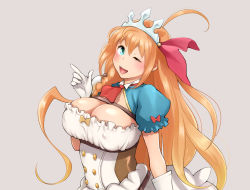 Rule 34 | 1girl, ahoge, ascot, blue eyes, blush, braid, breasts, buttons, choten, cleavage, commentary request, double-breasted, dress, gloves, grey background, hair ornament, hair ribbon, hand up, highres, long hair, looking at viewer, one eye closed, open mouth, orange hair, pecorine (princess connect!), princess connect!, puffy short sleeves, puffy sleeves, red ribbon, ribbon, short sleeves, simple background, smile, solo, tiara, tongue, upper body, very long hair