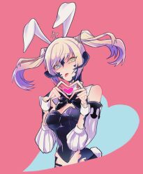 Rule 34 | 1girl, au ra, blue eyes, final fantasy, final fantasy xiv, green eyes, heart, heart hands, heterochromia, l0w 14, leotard, playboy bunny, red background, simple background, solo, tagme, twintails, warrior of light (ff14)