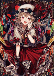 Rule 34 | 1girl, :d, abandon ranka, ascot, blonde hair, buttons, crystal, demon wings, flandre scarlet, flower, frilled shirt collar, frilled skirt, frilled sleeves, frills, gem, hat, hat ribbon, head tilt, highres, holding, holding staff, looking at viewer, mob cap, open mouth, puffy short sleeves, puffy sleeves, rainbow order, red eyes, red flower, red ribbon, red rose, red skirt, red vest, ribbon, rose, shirt, short sleeves, skirt, slit pupils, smile, solo, staff, touhou, vest, white hat, white shirt, wings, wrist cuffs