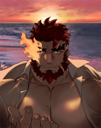 Rule 34 | 1boy, abs, bara, beard, close-up, facial hair, flaming eye, gomtang, hephaestus (housamo), large pectorals, looking at viewer, male focus, manly, muscular, pectorals, pov, red eyes, scar, solo, thick eyebrows, tokyo houkago summoners, upper body