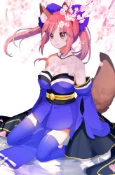 Rule 34 | 10s, 1girl, animal ears, bare shoulders, blue thighhighs, bow, breasts, cherry blossoms, cleavage, detached collar, detached sleeves, fate/extra, fate/grand order, fate (series), fox ears, fox tail, hair bow, highres, japanese clothes, kneeling, pink hair, reflection, smile, solo, tail, tamamo no mae (fate/extra), thighhighs, towakarasu, yellow eyes