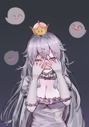 Rule 34 | 1girl, blush, breasts, cleavage, commentary request, crown, dress, fangs, frills, gloves, grey dress, greypidjun, highres, large breasts, long hair, luigi&#039;s mansion, mario (series), nintendo, pale skin, pink eyes, princess king boo, super crown, white gloves