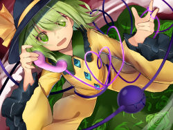 Rule 34 | 1girl, blush, efe, eyeball, floral print, green eyes, green hair, hat, hat ribbon, heart, heart-shaped pupils, heart of string, jacket, komeiji koishi, long sleeves, looking at viewer, matching hair/eyes, open clothes, open jacket, open mouth, phone, revision, ribbon, shirt, short hair, skirt, smile, solo, symbol-shaped pupils, third eye, touhou, urban legend in limbo, wide sleeves