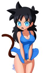 Rule 34 | 1girl, aviyne, black hair, blue dress, blue eyes, commission, commissioner upload, dragon ball, dragon ball gt, dragon ball heroes, dragon ball super, dragon ball xenoverse, dragonball z, dress, embarrassed, gold bracelet, highres, holding, holding clothes, holding dress, long hair, messy hair, monkey tail, open mouth, original, panties, saiyan, solo, tail, underwear, white panties, wind, zou (oc)