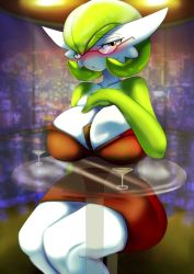 Rule 34 | 1girl, absurdres, alcohol, alternate costume, ashraely, bare shoulders, blush, bob cut, breasts, cleavage, cocktail glass, collarbone, colored skin, creatures (company), cup, dress, drink, drinking glass, embarrassed, female focus, game freak, gardevoir, gen 3 pokemon, glass, glasses, green hair, green skin, hair over one eye, half-closed eyes, hand up, highres, huge breasts, indoors, legs together, looking at viewer, multicolored eyes, multicolored skin, nintendo, nose blush, open mouth, orange eyes, pink eyes, pokemon, pokemon (creature), red-framed eyewear, red dress, semi-rimless eyewear, short dress, short hair, shy, solo, strapless, strapless dress, table, two-tone skin, white skin, wide hips