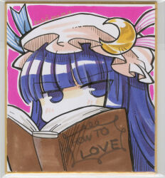 Rule 34 | 1girl, artist name, blue eyes, blue hair, blue ribbon, blunt bangs, blush, book, commentary request, crescent, crescent hat ornament, dated, english text, hat, hat ornament, hat ribbon, long hair, marker (medium), mob cap, open book, patchouli knowledge, pink background, pink hat, pink ribbon, ribbon, shikishi, socha, solo, striped, striped ribbon, touhou, traditional media