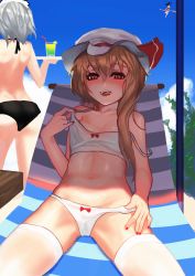 Rule 34 | 3girls, alternate costume, back, beach chair, bikini, bikini pull, blonde hair, blush, bow, breasts, broom, cleavage, clothes pull, collarbone, come hither, day, flandre scarlet, from behind, half-closed eyes, hat, hat ribbon, izayoi sakuya, kirisame marisa, licking lips, long hair, looking at viewer, mob cap, multiple girls, nail polish, naughty face, navel, no wings, nose blush, off shoulder, open mouth, outdoors, pulled by self, red bow, red eyes, red nails, red ribbon, ribbon, see-through, see-through legwear, short hair, side ponytail, silver hair, sitting, small breasts, solo focus, spread legs, stomach, strap pull, strap slip, swimsuit, thighhighs, tianlluo, tongue, tongue out, topfreedom, touhou, tray, white bikini, white legwear, witch hat