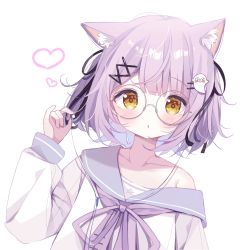 Rule 34 | &gt; &lt;, 1girl, blush, brown eyes, collarbone, commentary request, deyui, ghost hair ornament, glasses, grey sailor collar, hair ornament, hairclip, hand up, heart, highres, long sleeves, looking at viewer, neck ribbon, off shoulder, parted lips, puffy long sleeves, puffy sleeves, purple hair, purple ribbon, ribbon, round eyewear, sailor collar, school uniform, serafuku, shinomiya runa, shirt, simple background, sleeves past wrists, solo, upper body, virtual youtuber, vspo!, white background, white shirt, x hair ornament