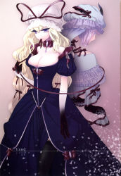 Rule 34 | 2girls, back-to-back, black legwear, blonde hair, blue eyes, breasts, choker, cleavage, colored eyelashes, dress, elbow gloves, gem, gloves, gradient background, hair ornament, hair ribbon, hat, hat ribbon, highres, layered dress, long hair, looking at viewer, mob cap, mouth hold, multiple girls, non-web source, noromi, petals, pink background, pink hair, profile, puffy sleeves, purple dress, purple eyes, ribbon, ribbon choker, ribbon in mouth, saigyouji yuyuko, scan, scan artifacts, short hair, short sleeves, simple background, string, string of fate, text focus, thighhighs, touhou, triangular headpiece, veil, yakumo yukari