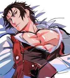Rule 34 | 1boy, black hair, center opening, fate/grand order, fate (series), hijikata toshizou (fate), looking at viewer, lying, male focus, nipple slip, nipples, on back, parted lips, pectorals, popped collar, simple background, sketch, solo, white background