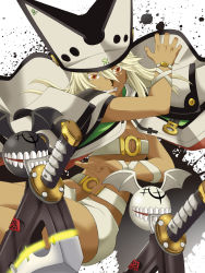 1girl animal_ears belt_bra breasts cape cleavage colored_eyelashes dark-skinned_female dark_skin female_focus guilty_gear guilty_gear_xrd hat highres kagura_ittou large_breasts long_hair orange_eyes rabbit_ears ramlethal_valentine short_shorts shorts silver_hair solo underboob