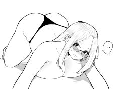 Rule 34 | ..., 1girl, absurdres, bangs pinned back, barefoot, blush, breast press, breasts, cleavage, embarrassed, facing viewer, full body, glasses, highres, inne sulistya robin, large breasts, long hair, looking at viewer, monochrome, norman maggot, original, panties, simple background, solo, spoken ellipsis, sweatdrop, thong, top-down bottom-up, topless, underwear, underwear only, white background