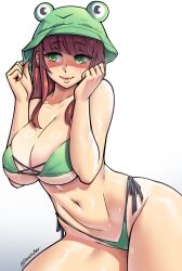 Rule 34 | 1girl, animal hood, bikini, blush, breasts, cleavage, commentary, curvy, dracksart, english commentary, eyelashes, frog hood, gradient background, green bikini, green eyes, highres, hood, large breasts, lips, looking to the side, navel, original, red hair, shiny skin, sidelocks, signature, simple background, smile, stomach, sweat, swimsuit, thighs, underwear, wet