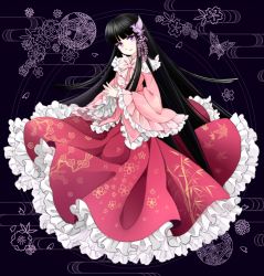 Rule 34 | 1girl, bad id, bad pixiv id, bird hair ornament, black hair, bug, butterfly, facing viewer, flower, frills, hair ornament, highres, houraisan kaguya, insect, japanese clothes, kimono, looking at viewer, miy, open mouth, own hands together, petals, purple eyes, smile, solo, touhou