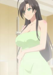 Rule 34 | 10s, 1girl, bare shoulders, black hair, breasts, female focus, green eyes, hasegawa chisato, highres, indoors, large breasts, long hair, screencap, shinmai maou no testament, solo, standing, stitched, third-party edit, towel