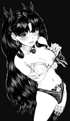 Rule 34 | 1girl, bare shoulders, black hair, breasts, earrings, fate/grand order, fate (series), flashing, greyscale, highres, ishtar (fate), jewelry, lerark, long hair, looking at viewer, medium breasts, monochrome, navel, nipples, one breast out, open mouth, simple background, solo, stomach, thighs, twintails