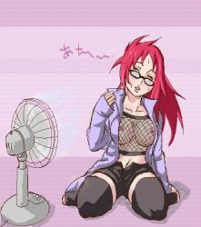 Rule 34 | 1girl, artist request, black shorts, black thighhighs, breasts, electric fan, full body, karin (naruto), large breasts, naruto (series), naruto shippuuden, nipples, oekaki, red hair, resized, short shorts, shorts, solo, thighhighs