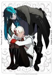 Rule 34 | 1boy, 1girl, ascot, black coat, black footwear, blood, blood on face, blue hair, boots, brown pants, closed mouth, coat, expressionless, glasses, gloves, green eyes, hand on another&#039;s shoulder, high ponytail, highres, leaning forward, long hair, long sleeves, original, pants, red ascot, selflse, smile, white coat, white gloves, white hair, yellow eyes