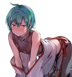Rule 34 | 1other, ahoge, all fours, androgynous, bare hips, bare shoulders, blush, chinese clothes, ear piercing, earrings, green hair, highres, jewelry, konbu wakame, nijisanji, piercing, purple eyes, ryuushen, short hair, tears, virtual youtuber