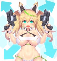 Rule 34 | 1girl, :d, aqua eyes, asamura hiori, bare shoulders, bikini, blonde hair, breasts, cleavage, cleavage cutout, clothing cutout, collarbone, gene (pso2), green hair, groin, gun, halterneck, handgun, headgear, highres, holding, holding gun, holding weapon, large breasts, long hair, looking at viewer, multicolored hair, navel, open mouth, phantasy star, phantasy star online 2, pistol, shiny skin, smile, solo, stomach, streaked hair, swimsuit, twintails, underboob, underboob cutout, very long hair, weapon, white bikini, wrist cuffs
