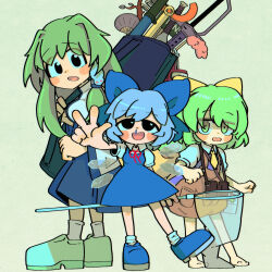 3girls :d absurdres barefoot binoculars black_eyes blue_bow blue_dress blue_footwear blue_hair blue_skirt blush bow boxing_gloves breasts cirno collared_shirt commentary_request cookie_(touhou) cranberry_(cookie) daiyousei detached_sleeves dress fairy_wings full_body green_eyes green_hair grey_background hair_bow hair_ornament hand_fan highres ice ice_wings kochiya_sanae large_breasts long_hair looking_at_viewer micha_(cookie) muimui_(4242564muimui) multiple_girls neck_ribbon necktie open_mouth pinafore_dress puffy_short_sleeves puffy_sleeves red_ribbon ribbon sagiri_(cookie) shirt shoes short_hair short_sleeves simple_background skirt sleeveless sleeveless_dress sleeveless_shirt smile snake_hair_ornament socks standing stick sword touhou w weapon white_shirt white_sleeves white_socks wings yellow_bow yellow_necktie