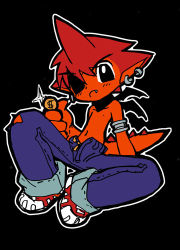 Rule 34 | 1boy, bat wings, black background, black eyes, coin, denim, dinosaur tail, dollar sign, earrings, eyepatch, fang, izuna yoshitsune, jeans, jewelry, lowres, navel, pants, pants rolled up, red hair, ripped jeans, shoes, sneakers, sparkle, tail, topless male, torn clothes, wings