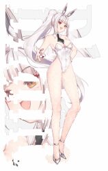 Rule 34 | 1girl, absurdres, animal ears, bare shoulders, black necktie, blanc (nikke), blunt bangs, blush stickers, breasts, brown eyes, chami (charming621), cleavage, fake animal ears, fang, fishnet pantyhose, fishnets, goddess of victory: nikke, hair intakes, highleg, highleg leotard, highres, leotard, long hair, looking at viewer, medium breasts, necktie, open mouth, pantyhose, playboy bunny, rabbit ears, simple background, smile, solo, standing, strapless, strapless leotard, very long hair, white background, white hair, white leotard, white pantyhose, wrist cuffs, zoom layer