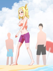 Rule 34 | 1girl, 2boys, barefoot, beach, blush, bodypaint, breasts, cleft of venus, closed mouth, cloud, cloudy sky, crossdressing, exhibitionism, full body, hair rings, highres, jammers, large breasts, love live!, love live! sunshine!!, male swimwear, male swimwear challenge, medium hair, multiple boys, navel, nude, ohara mari, outdoors, painted clothes, public indecency, purple jammers, purple male swimwear, sarura, shore, sky, solo focus, standing, sweatdrop, swimsuit, toes, umbrella, water, yellow eyes