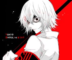 Rule 34 | 1boy, armband, awara kayu, black armband, black background, black eyes, commentary request, from side, hair between eyes, hair ornament, hairclip, looking at viewer, male focus, monochrome, red armband, red background, red eyes, shirt, short hair, smile, solo, suzuya juuzou, tokyo ghoul, tokyo ghoul:re, upper body, x hair ornament