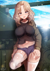 Rule 34 | 1girl, black tank top, blonde hair, blue eyes, blue shorts, blush, breasts, covered erect nipples, girls und panzer, highres, kay (girls und panzer), large breasts, long hair, looking at viewer, megadeko, midriff, military uniform, military vehicle, motor vehicle, navel, open mouth, outdoors, saunders military uniform, short shorts, shorts, smile, solo, tank, tank top, thighhighs, uniform, white thighhighs