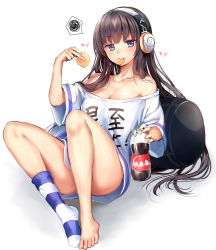 Rule 34 | 1girl, azur lane, bad id, bad pixiv id, bare legs, bare shoulders, barefoot, black hair, blue eyes, blue socks, blush, breasts, cleavage, closed mouth, clothes writing, coca-cola, collarbone, feet, food, food in mouth, full body, headphones, highres, holding, holding food, jitome, long hair, long island (azur lane), looking at viewer, medium breasts, mouth hold, off-shoulder shirt, off shoulder, pillow, senbei, shirt, simple background, single sock, socks, soda bottle, solo, spoken squiggle, squiggle, striped clothes, striped socks, thighs, toes, tsukiriran, white background