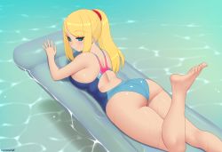 Rule 34 | 1girl, air mattress, artist name, ass, back, bare shoulders, barefoot, blonde hair, blue eyes, breasts, commentary, competition swimsuit, english commentary, eyes visible through hair, feet, foot up, from behind, kuroonehalf, large breasts, long hair, looking at viewer, looking back, lying, metroid, nintendo, on stomach, one-piece swimsuit, ponytail, samus aran, skindentation, smile, solo, swimsuit, toes, water, wet