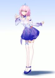 Rule 34 | 1girl, absurdres, ankle, armpit crease, armpit peek, bare shoulders, blue background, blue dress, blue eyes, blue footwear, blue hair, breasts, chinese commentary, closed mouth, colored tips, commentary request, dress, full body, gradient background, hair between eyes, high heels, highres, honkai: star rail, honkai (series), leaning forward, march 7th (dress) (honkai: star rail), march 7th (honkai: star rail), medium breasts, medium hair, multicolored clothes, multicolored dress, multicolored hair, muyuqianyan, official alternate costume, open hands, pink eyes, pink hair, pumps, short dress, smile, standing, thighhighs, tiara, two-tone eyes, white background, white dress, white thighhighs