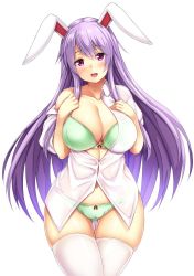 Rule 34 | 1girl, animal ears, blush, bow, bow bra, bow panties, bra, breasts, buttons, cleavage, curvy, dress shirt, ebi 193, gluteal fold, green bra, green panties, huge breasts, long hair, looking at viewer, off shoulder, open mouth, panties, pink eyes, purple hair, rabbit ears, red bow, reisen udongein inaba, shirt, short sleeves, simple background, skindentation, smile, solo, thighhighs, touhou, underwear, white background, white shirt, white thighhighs, wide hips, wing collar