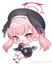 Rule 34 | 1girl, beret, black footwear, black hat, black shirt, black wings, blue archive, blush, commentary request, covered mouth, feathered wings, full body, halo, hand up, hat, koharu (blue archive), long hair, loose socks, low wings, lowres, nose blush, off shoulder, pink eyes, pink hair, pleated skirt, purple skirt, saeki sora, shirt, shoes, simple background, skirt, socks, solo, twintails, twitter username, very long hair, white background, white socks, wings