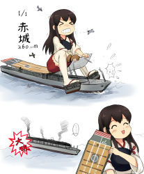 Rule 34 | &gt; &lt;, 10s, 1girl, 2koma, aircraft, airplane, akagi (aircraft carrier), akagi (kancolle), brown hair, closed eyes, comic, firing, giant, giantess, historical name connection, japanese clothes, kantai collection, long hair, muneate, name connection, object namesake, pleated skirt, size difference, skirt, solo, thighhighs, translated, white background, white thighhighs, y.ssanoha, zettai ryouiki