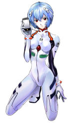 Rule 34 | 1girl, ayanami rei, blue hair, bodysuit, breasts, cellphone, closed mouth, commentary request, expressionless, full body, hair between eyes, holding, holding phone, interface headset, looking at viewer, medium breasts, neon genesis evangelion, niina ryou, on one knee, phone, plugsuit, red eyes, short hair, simple background, smartphone, solo, white background, white bodysuit