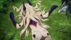 Rule 34 | 1girl, ass, blonde hair, blood, boku no hero academia, branch, butt crack, defeat, grass, highres, horns, impaled, lying, mount lady, on stomach, screencap, tagme
