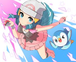 Rule 34 | 1girl, absurdres, aimubaniran, beanie, black legwear, blue eyes, blue hair, boots, breasts, closed mouth, commentary request, creatures (company), dawn (pokemon), dual wielding, from above, game freak, gen 4 pokemon, hat, highres, holding, holding poke ball, long hair, looking at viewer, nintendo, pink footwear, pink scarf, piplup, poke ball, poke ball (basic), poke ball print, pokemon, pokemon (anime), pokemon (creature), pokemon dppt (anime), scarf, smile, socks, white headwear