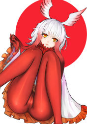Rule 34 | 10s, 1girl, closed mouth, crotch seam, dutch angle, frilled sleeves, frills, gloves, head wings, highres, japanese crested ibis (kemono friends), kemono friends, knees together feet apart, long hair, long sleeves, looking away, multicolored hair, orange eyes, orange skirt, pantyhose, playing with own hair, pleated skirt, red gloves, red hair, red pantyhose, shirt, sitting, skirt, sleeves past wrists, smirk, solo, two-tone hair, white background, white hair, white shirt, wide sleeves, wings, ytoy