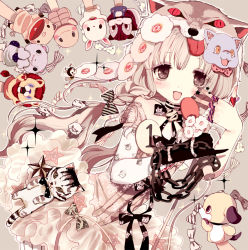 Rule 34 | 1girl, asymmetrical clothes, brown eyes, cat, chain, dog, eyeshadow, fingernails, hair ornament, hand puppet, long hair, looking at viewer, makeup, maruino, microphone, open mouth, original, pelt, pig, puppet, silver hair, smile, solo, stuffed toy, twintails, wolf