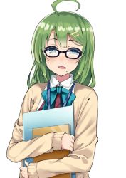 Rule 34 | 10s, 1girl, ahoge, animated, animated gif, bespectacled, blue eyes, blush, book, bow, bowtie, commentary request, glasses, green hair, grey background, hair ornament, hairclip, holding, holding book, kantai collection, kusano (torisukerabasu), long hair, long sleeves, looking at viewer, mole, mole under mouth, open mouth, school uniform, shirt, simple background, smile, solo, sweater, upper body, white background, white shirt, yandere, yuugumo (kancolle)