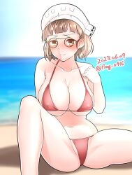 Rule 34 | 1girl, beach, bikini, blue sky, blunt bangs, breasts, brown eyes, brown hair, cleavage, cloud, commentary request, dated, day, furaggu (frag 0416), glasses, highres, horizon, kantai collection, large breasts, ocean, one-hour drawing challenge, outdoors, pince-nez, red bikini, roma (kancolle), sky, solo, spread legs, swimsuit, twitter username, wavy hair