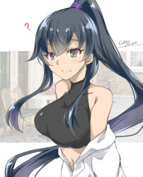 Rule 34 | 1girl, ?, black hair, breasts, collared shirt, dress shirt, gakky, grey eyes, halterneck, highres, kantai collection, large breasts, long hair, one-hour drawing challenge, open clothes, open shirt, ponytail, rubber band, shirt, sidelocks, solo, turtleneck, upper body, white shirt, yahagi (kancolle)