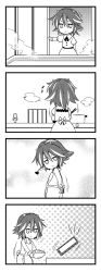 Rule 34 | 1girl, 4koma, apron, ass, bow, bowl, chibi, comic, cone horns, cooking, from behind, greyscale, heart, horns, jeno, kijin seija, monochrome, multicolored hair, naked apron, phone, pot, silent comic, solo, stove, touhou, two-tone hair