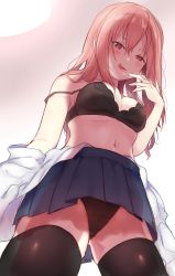 Rule 34 | 1girl, :q, absurdres, black bra, black panties, black skirt, black thighhighs, blue skirt, bra, breasts, ceiling light, cleavage, closed mouth, from below, gluteal fold, hand up, highres, indoors, kakizato, long hair, looking at viewer, looking down, medium breasts, miniskirt, naughty face, navel, off shoulder, open clothes, open shirt, original, panties, pink hair, pleated skirt, red eyes, saliva, saliva trail, shirt, skirt, smile, solo, stomach, strap slip, thighhighs, tongue, tongue out, tsurime, underboob, underwear, upskirt, white shirt